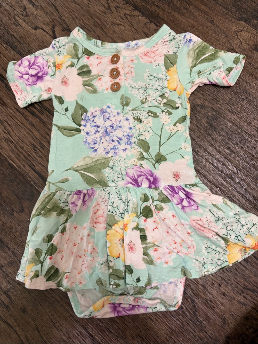 Posh Peanut Mint Floral Skirted Onesie with Purple & Yellow Blooms
